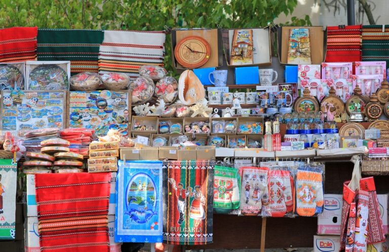 Souvenirs and jewelry in a street shop in the city of Varna (Bulgaria). Walk October 20, 2023